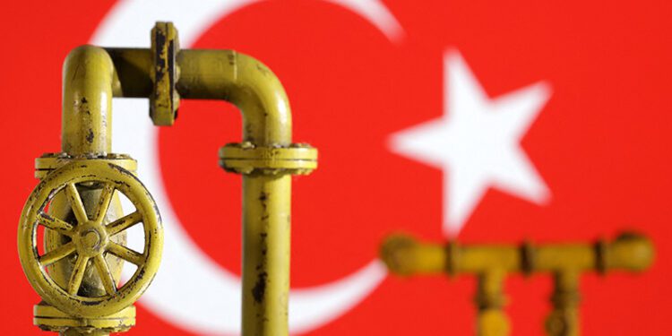 FILE PHOTO: Model of natural gas pipeline and Turkey flag, July 18, 2022. REUTERS/Dado Ruvic/Illustration
