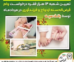 تعیین شعبه 14 هزار فقره درخواست وام‌ قرض‌الحسنه ازدواج و فرزندآوری در مرداد‌ماه توسط بانک سپه
